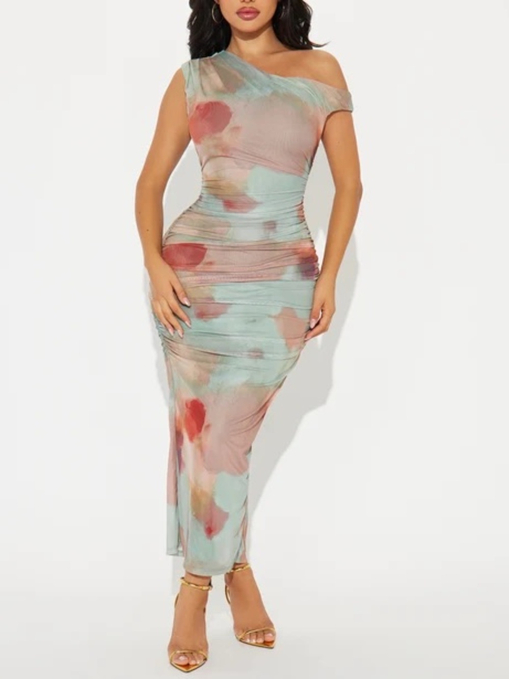 Fashion Nova One-Shoulder Watercolor Midi Dress in Mint, Blush & Coral